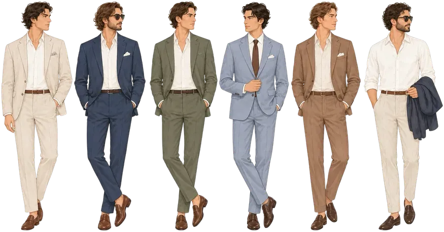 Seis modelos de traje masculino: terno bege, azul-marinho, verde-oliva, azul-claro, caramelo e calça clara com camisa branca e blazer na mão